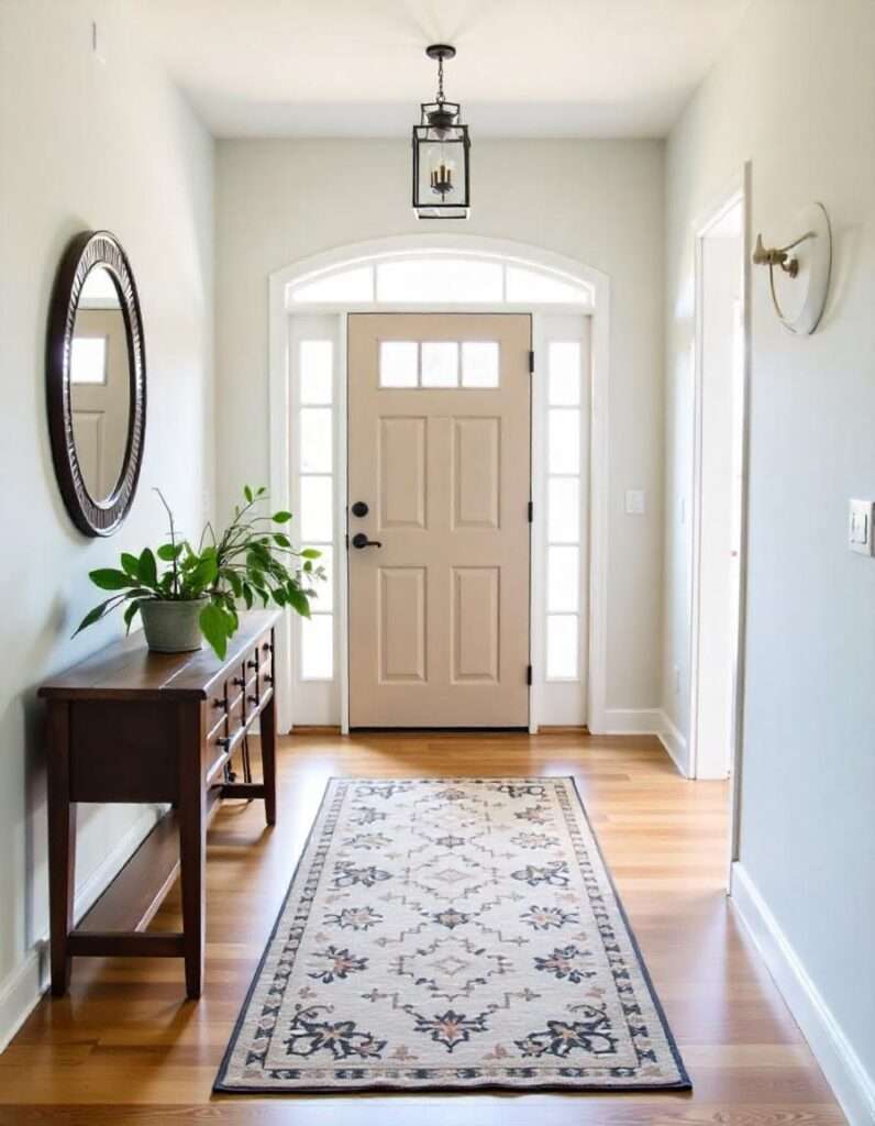 a beautiful entryway with runner rug