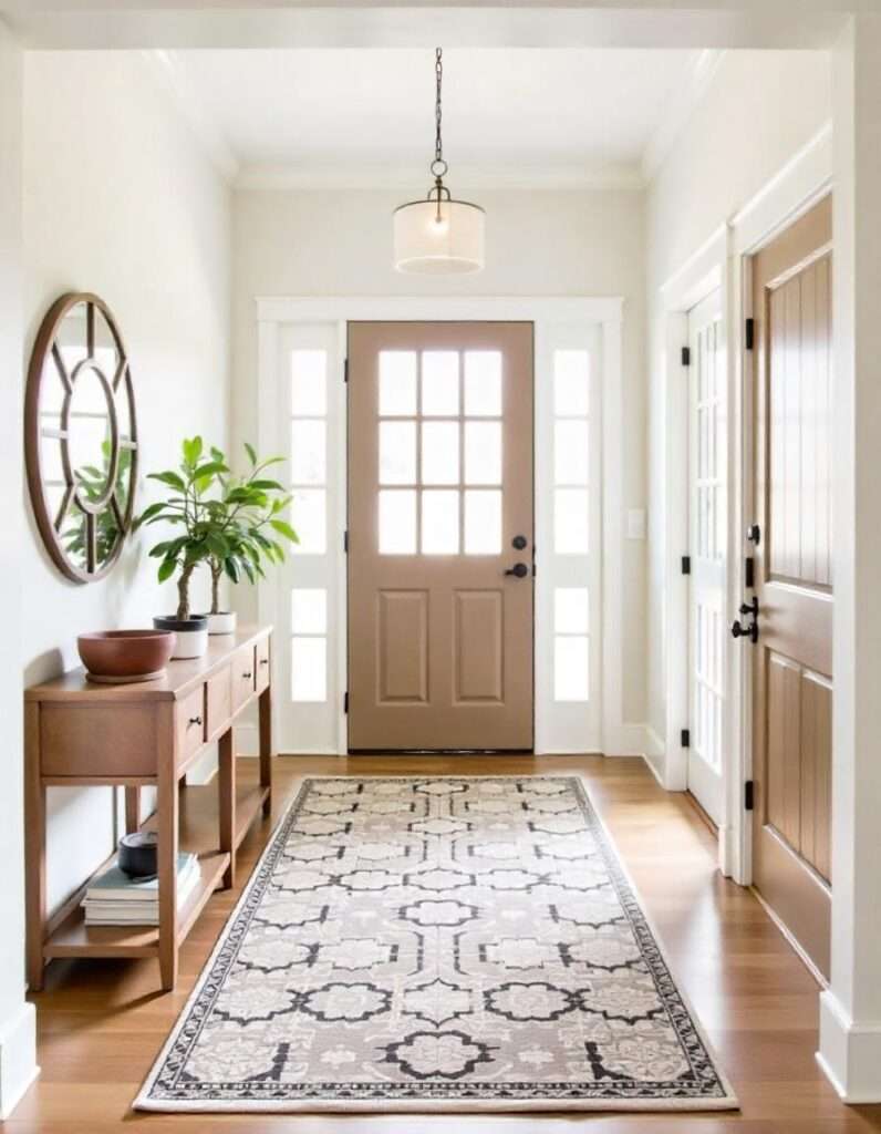 a beautiful entryway with runner rug