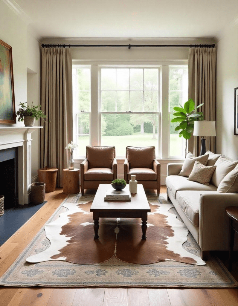 layered cowhide rugs in the living room