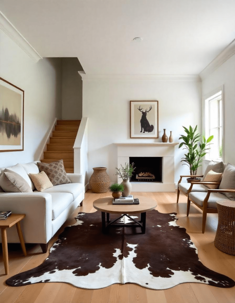 A classical living room with cowhide rug and other decors