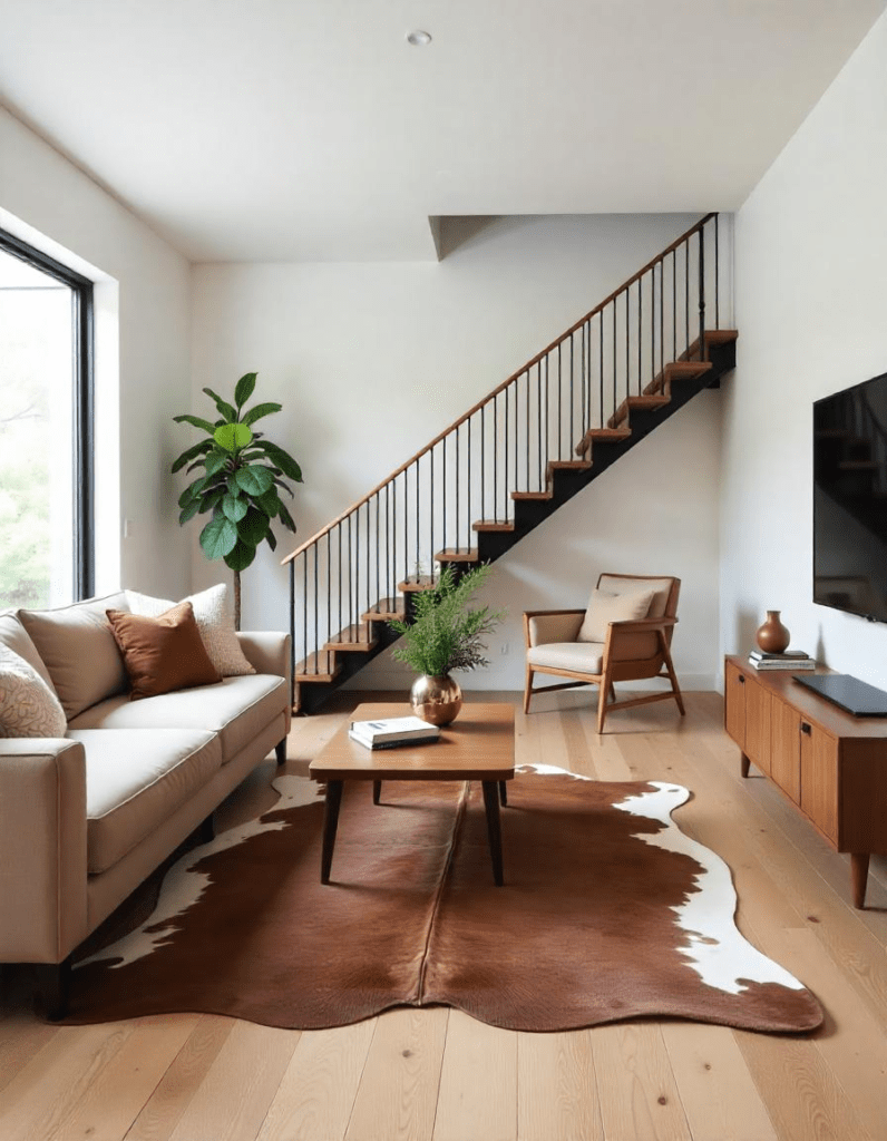 Beautiful living room with cowhide rug