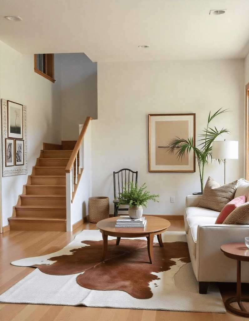 layered cowhide rugs in the living room