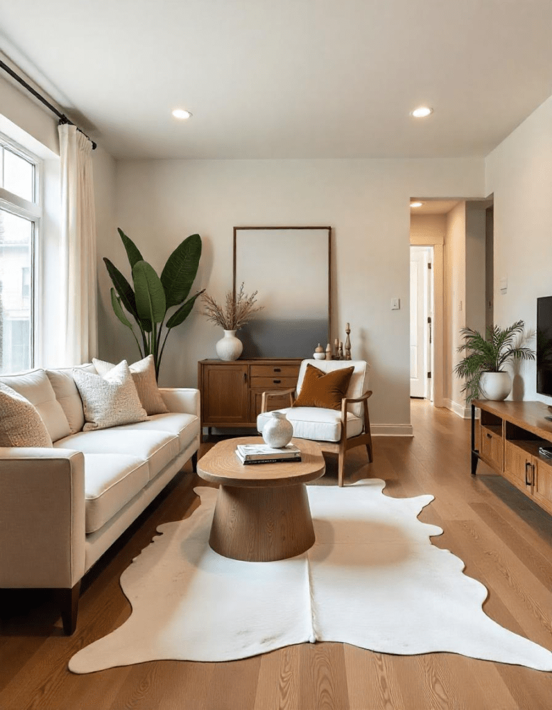 layered cowhide rugs in the living room