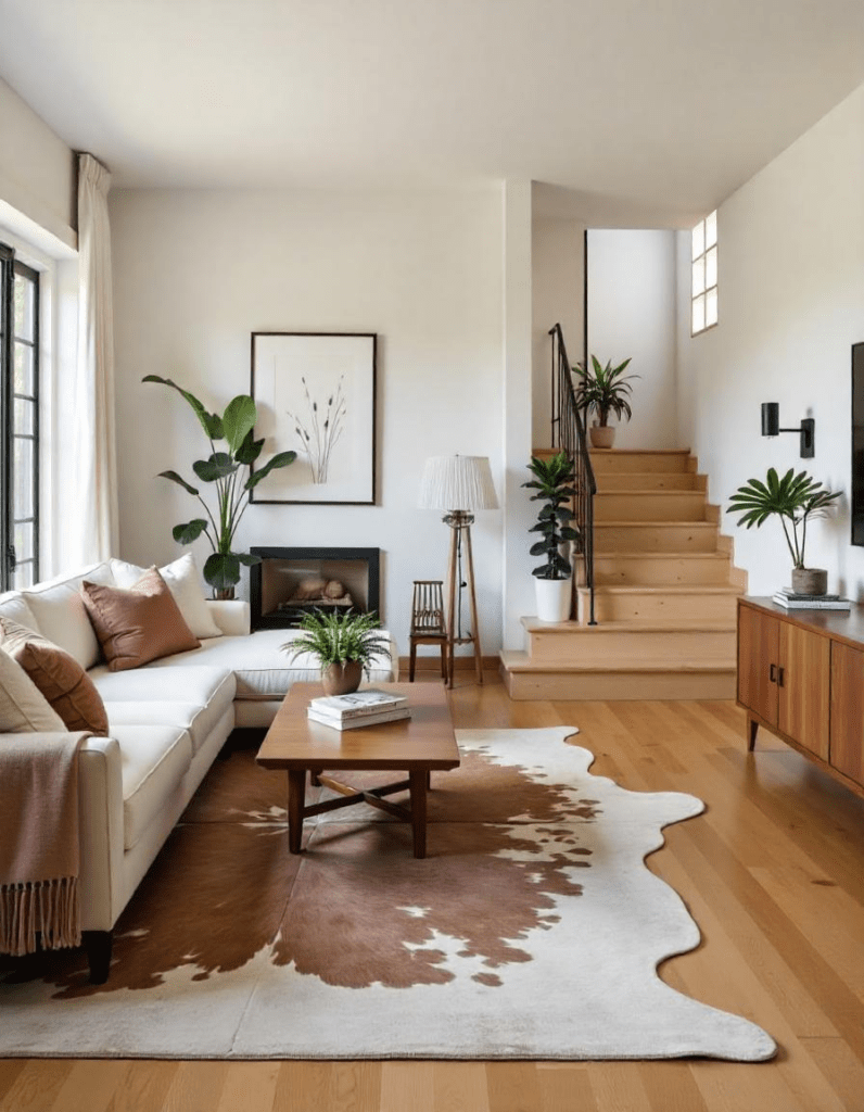 layered cowhide rugs in the living room