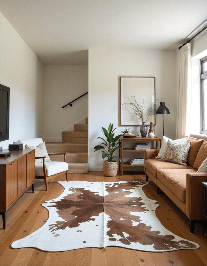 layered cowhide rugs in the living room