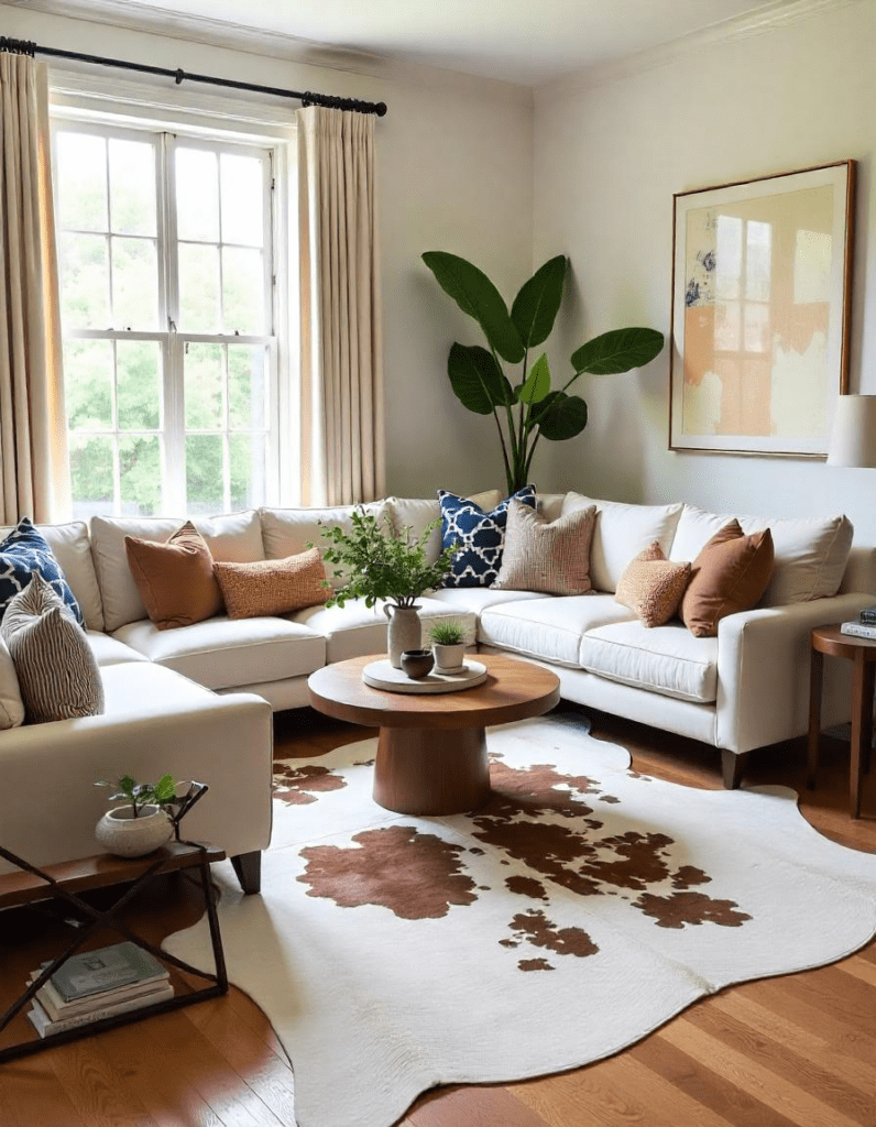 layered cowhide rugs in the living room